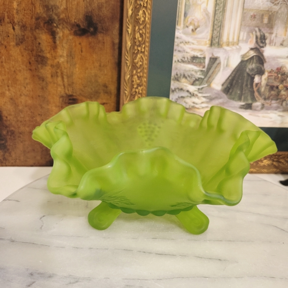 Vintage Westmoreland Green Mist Satin Glass Footed Candy Bowl